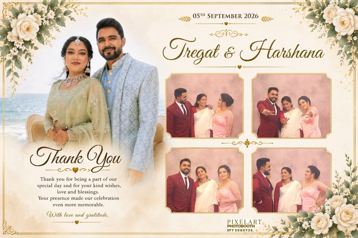 Wedding thank you card for Piegat and Harshana dated September 5, 2020, featuring couple photos and family portraits with floral border design