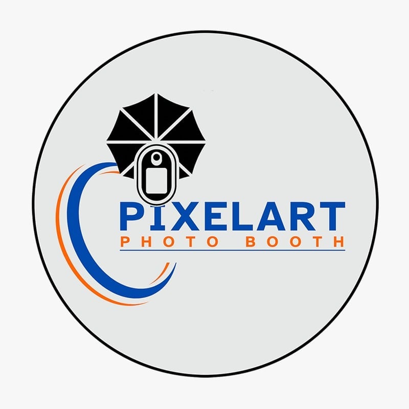 PixelArt Photo Booth logo with umbrella and camera icon in a circular badge
