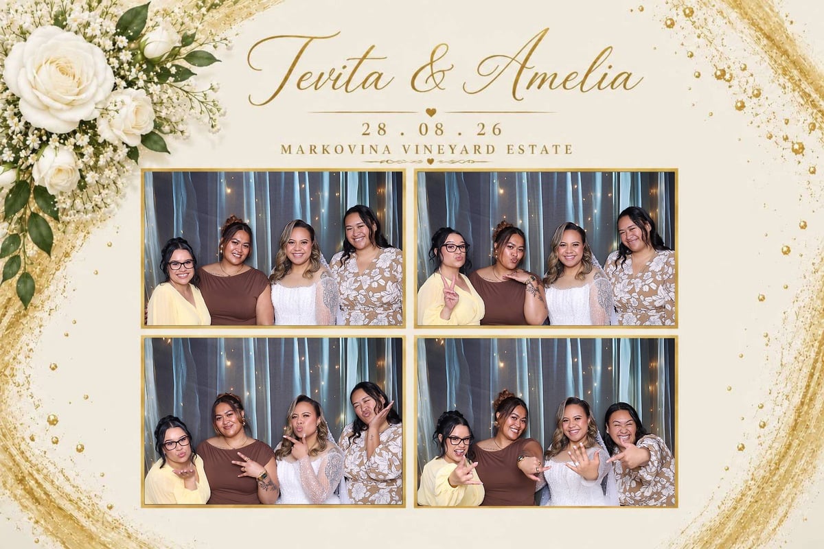 Wedding photo booth strip for Tania and Amelia at Markovina Vineyard Estate, featuring multiple frames of women in formal attire
