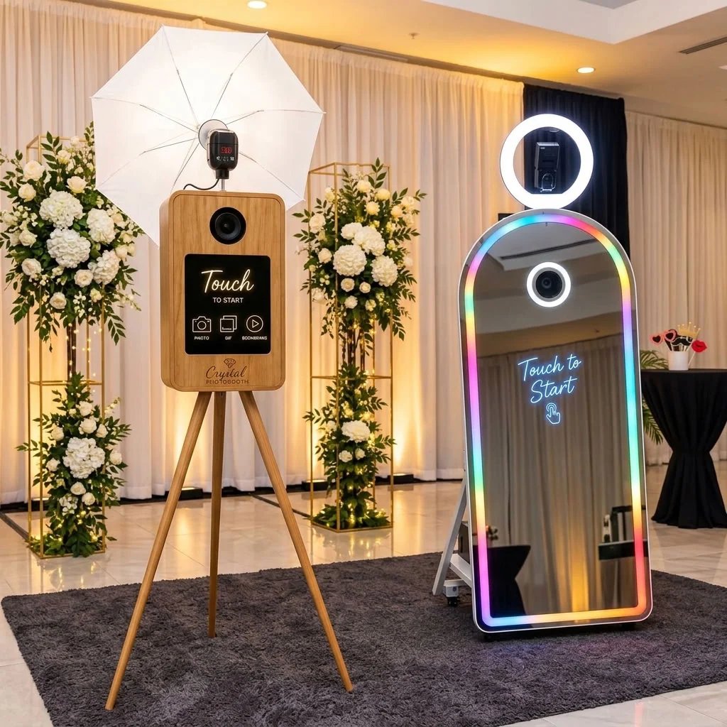 Photo booth setup with wooden camera on tripod and neon-bordered mirror stand at event venue with floral arrangements