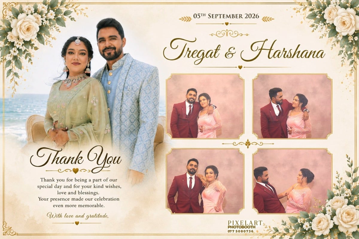 Wedding thank you card for Fiqal and Harshana dated September 5, 2026, featuring couple photos and floral design