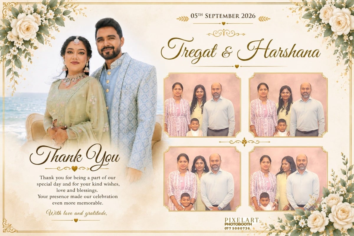 Wedding thank you card for Firdgal and Harshana dated September 5 2026, featuring couple photos and family portraits with floral decorative borders