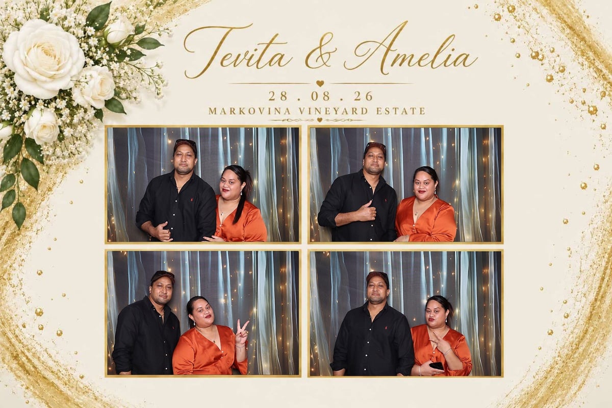 Wedding photo booth display for Tania and Amelia at Maroowa Vineyard Estate with four images of couple in formal attire