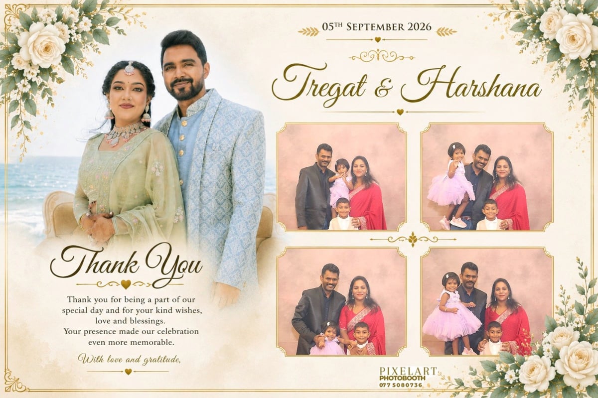 Wedding thank you card for Faizan and Harshana dated September 5, 2020, featuring couple photos and family pictures with floral border design