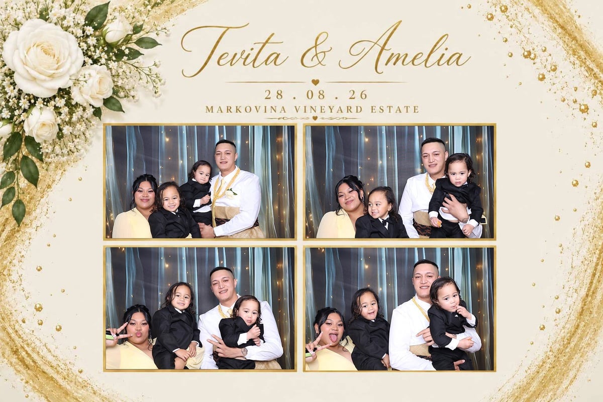 Wedding photo booth collage for Tania and Amelia at Markovisa Vineyard Estate on 28.08.26, featuring four photo strips of couple and guests with gold and floral decorations