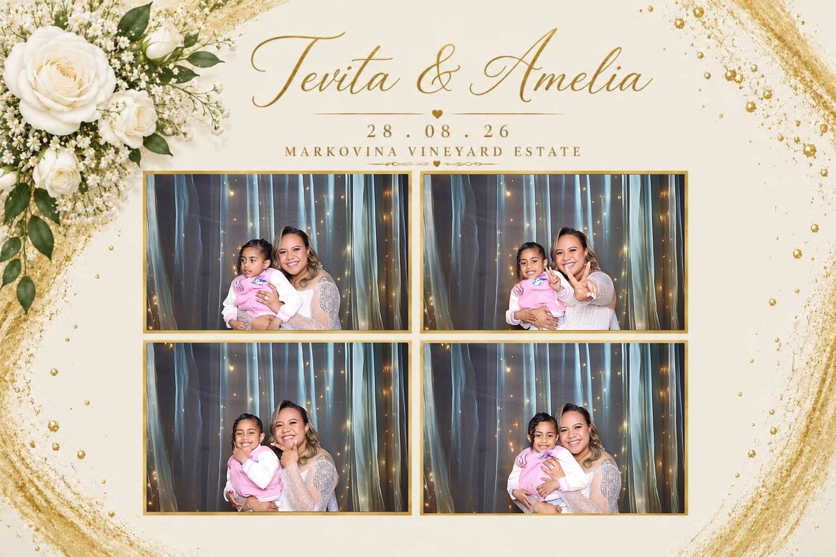 Wedding photo booth strip featuring Tania and Amelia with gold accents, white flowers, and date 28.08.26 at Marrovia Vineyard Estate