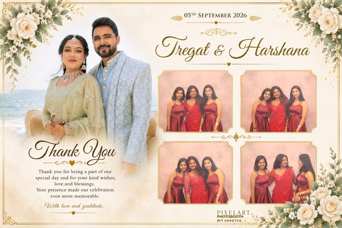 Wedding thank you card for Piegat and Harshana dated September 5 2020 with couple photo and bridesmaid pictures