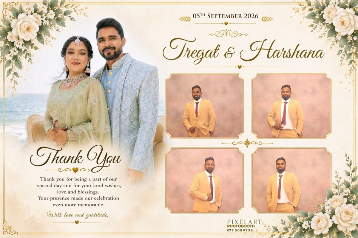 Wedding thank you card for Peeqat and Harshana featuring couple photo and groom portrait gallery with floral border