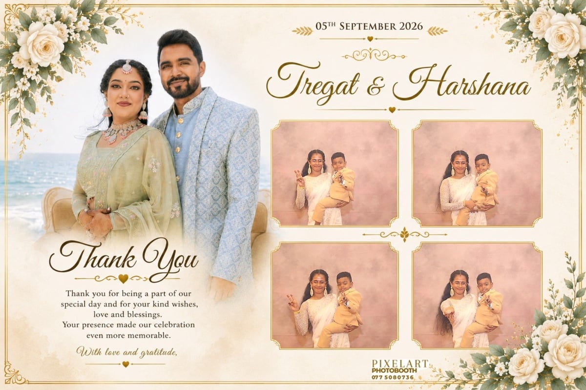 Wedding thank you card for Pisgat and Harshana dated September 5 2020, featuring couple photos and family portraits with floral border