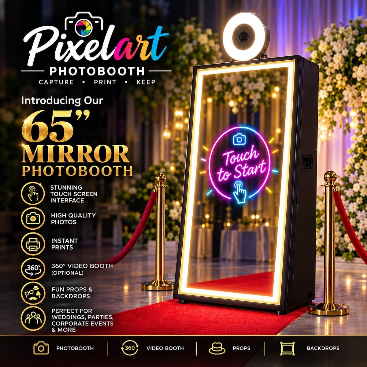Pixelart 65-inch mirror photobooth with touchscreen interface and ring light, displayed with gold decorations and red carpet in elegant event setting