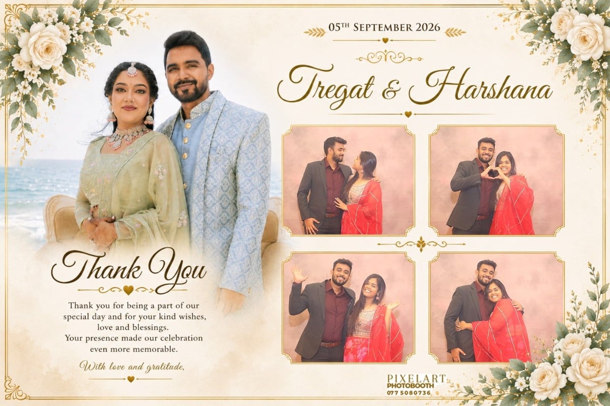 Wedding thank you card for Fayat and Harshana dated September 5 2020, featuring couple photos and floral decorations