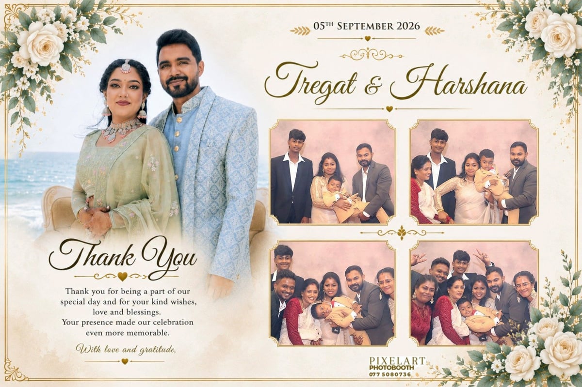 Wedding thank you card for Faisal and Harshana featuring couple photo and family group photos with floral border design