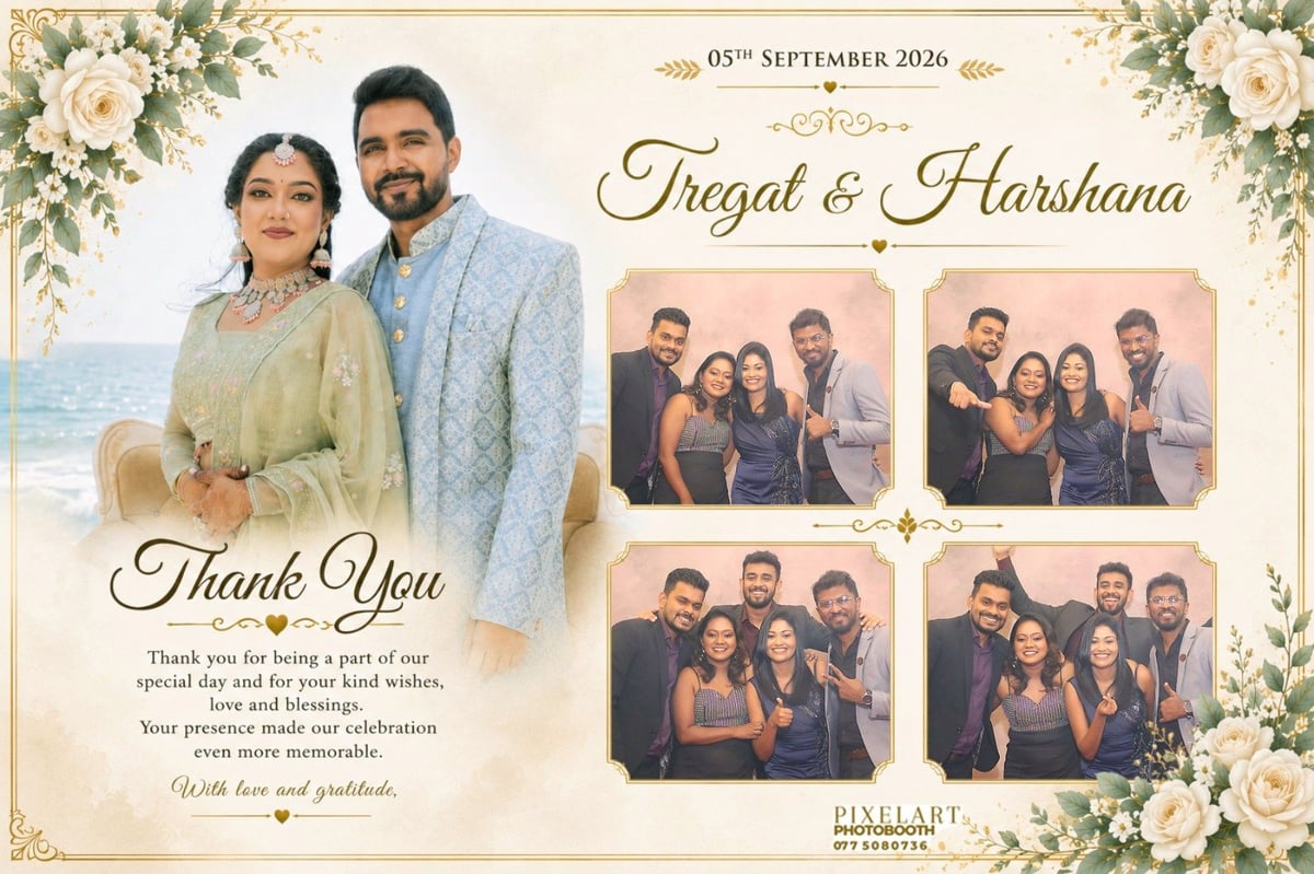 Wedding thank you card for Pisgat and Harshana with couple photo and family group photos surrounded by floral borders